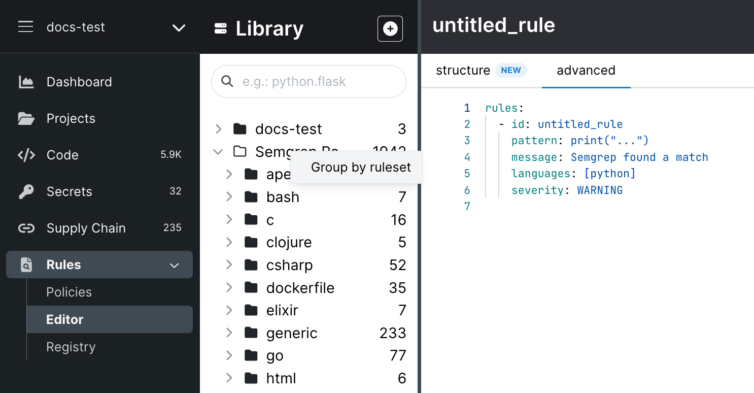 Semgrep Editor's right click menu to group by rulesets