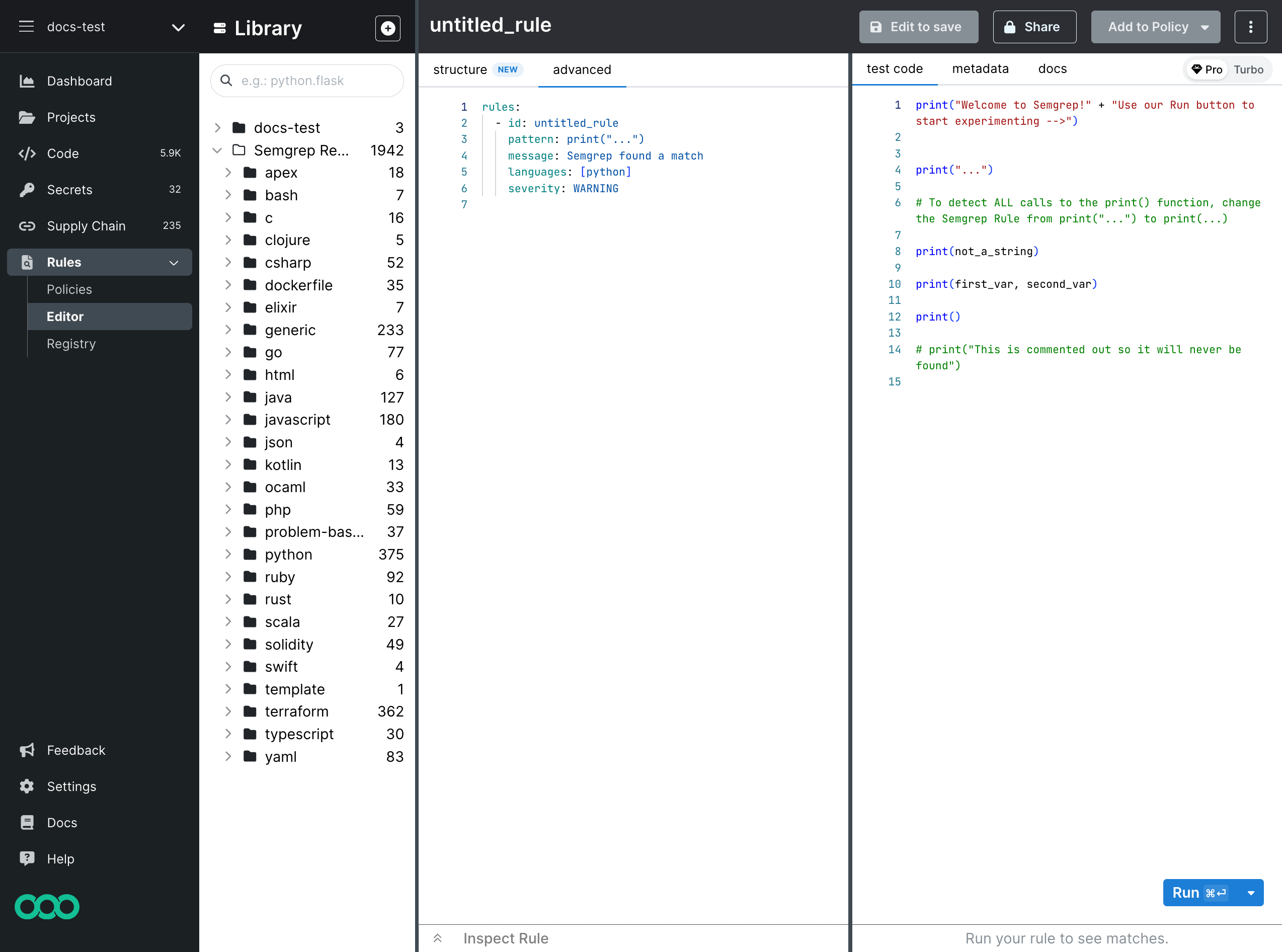 Semgrep Editor's main view composed of three panes and top menu