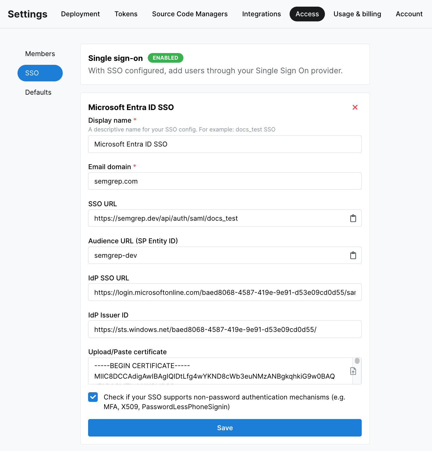 Semgrep AppSec Platform's SAML2 configuration screen
