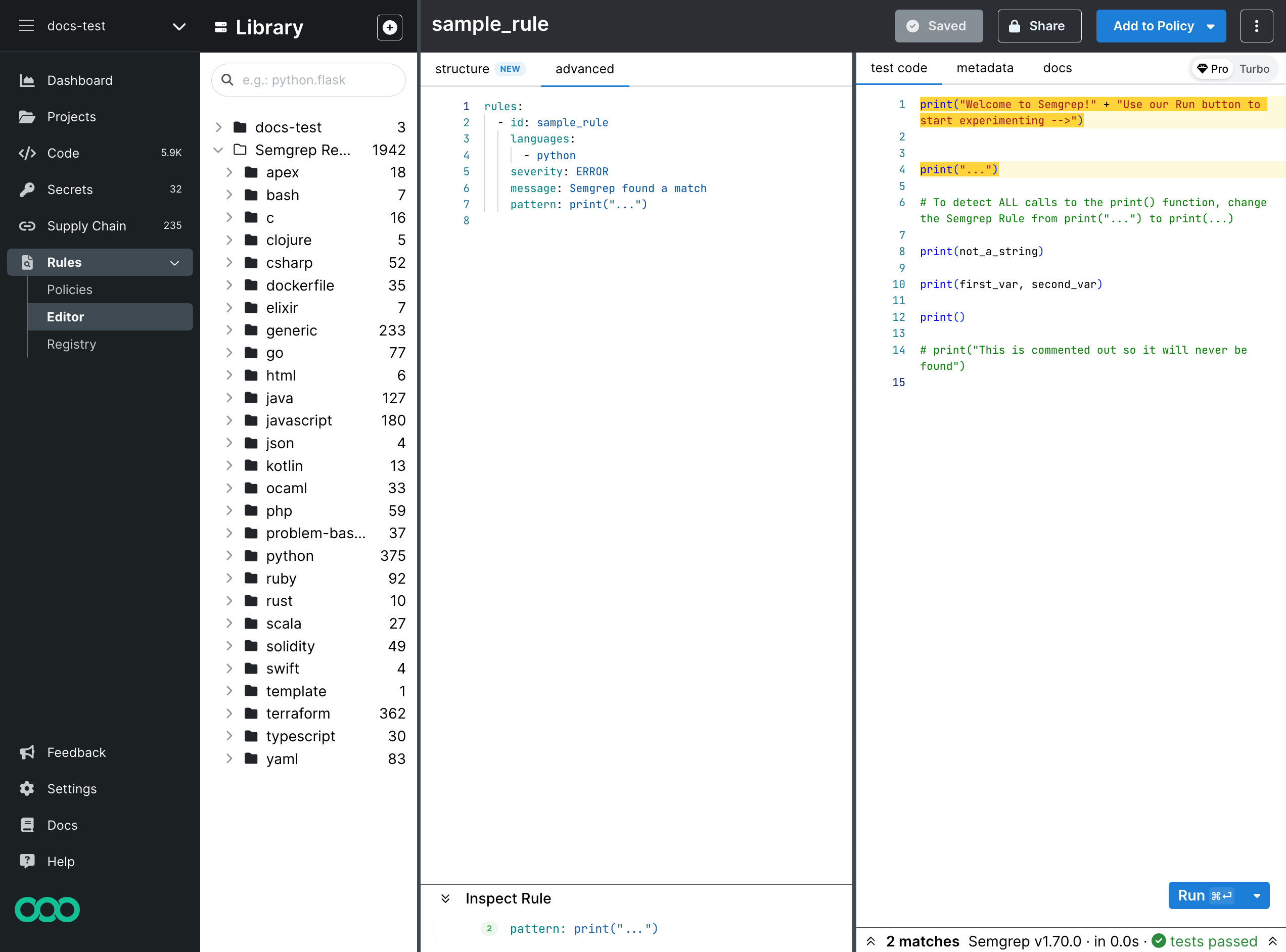 Semgrep Playground's advanced mode